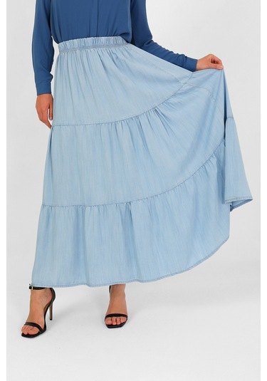 Beli Lastikli Büzgülü Tensel Etek Açık Mavi