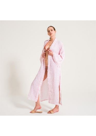 Leopar Desen Müslin Kadın Sabahlık-Açık Pembe
