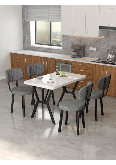 Azra 70x110cm Beyaz Mutfak Masası, Mutfak Masası Takımı, Yemek Masası, 4 Koyu Gri Sandalye Koyu Gri