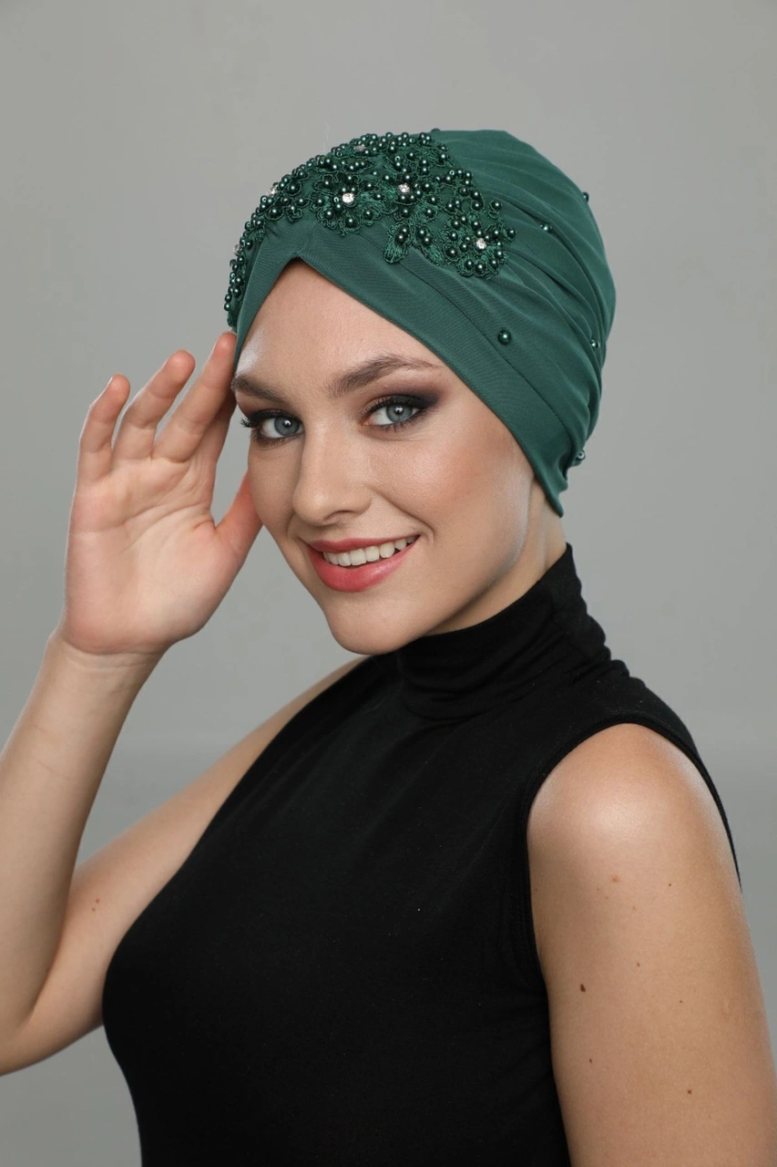Kopma Astarlı Işlemeli Yeşil Dantel Motifli Hazır Türban Tesettür Abiye Bone Yeşil Dantel