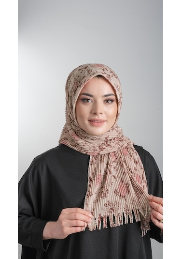 Bej Pratik Hazır Geçmeli Tesettür Eşarp Kesik Elyaf Piliseli Çiçe (553629989) Bej