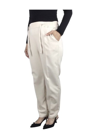 Kadın Beli Lastikli Boru Paça Pantolon Krem