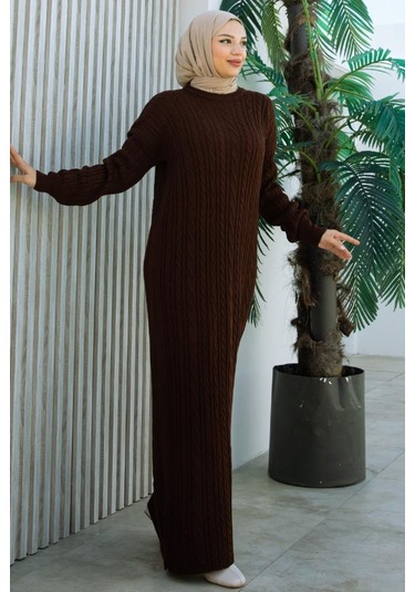 Brc2440kahve-bisiklet Yaka Örme Triko Elbise Kahve