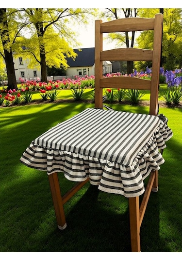 Siyah Çizgili Buldan Yıkanmıs Keten 4 Tarafı Fırfırlı Sandalye Minderi Çok Renkli