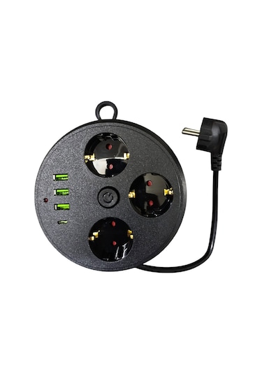 3 Lü Akım Korumalı Priz Makaralı Anahtarlı 16a 4000 Watt 3 X Usb - 1 Type-c 3395 Standart