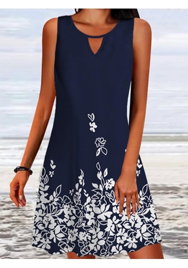 Yaz Kadın Etek Bol Baskı Uzun Kollu Tasarım Sense Çiçek Kolsuz Elbise Mavi