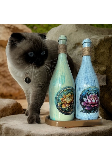 Lotus Çiçeği Desenli Sunum Stantlı 2'li 750 Ml Yağlık Sirkelik