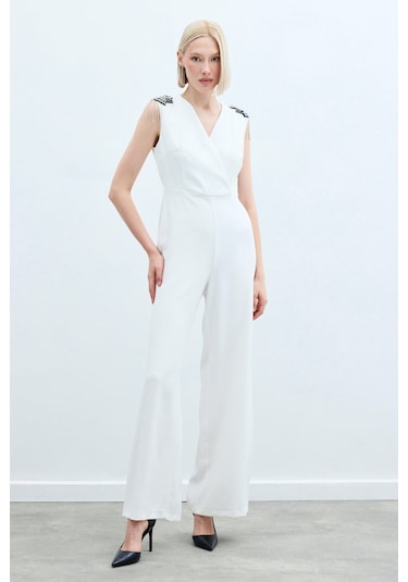 Sateen Aksesuar Detaylı Tulum - Ekru-135221 Ekru