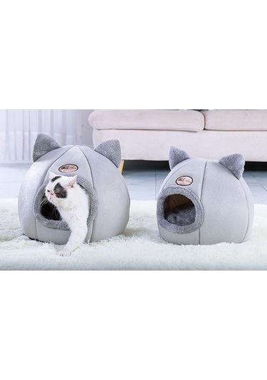 Yarı Kapalı Kışlık Peluş Evcil Hayvan Yuvası Medium Gri