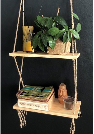 O&Awood 2 Katlı Ahşap Çiçeklik, Halatlı Doğal Ahşap Dekoratif Duvar Rafı,