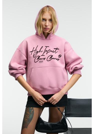 Grımelange Kıkres Kadın Kapüşonlu Nakış Detaylı Oversize Koyu Pembe Sweatshirt Koyu Pembe