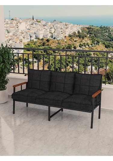 Modern Balkon, Bahçe, Cafe, Metal Koltuk, Kanepe Üçlü - Siyah Siyah