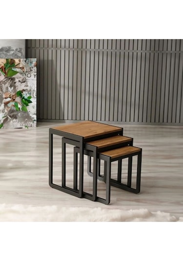 Doğal Ahşap Masif Panel Üçlü Zigon Sehpa Siyah