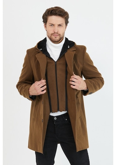Erkek Taba Yün Karışımlı Kaşe Kapüşonlu Önü Fermuarlı Kaban-Taba