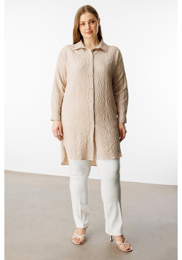 Moda İlgi Kadın Büyük Beden Gofre Kumaş Uzun Tunik 4218 Taş Taş