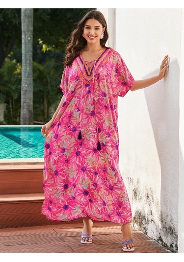 Edolynsa Artı Boyutu Kaftan Pembe Bohemian Baskılı Yaz Uzun Plaj Elbise Kadın Gecelik Kıyafet Mayo Cover Up Gevşek Kaftan Pembe Edolynsa Artı Boyutu Kaftan Pembe Bohemian Baskılı Yaz Uzun Plaj Elbise Kadın Gecelik Kıyafet Mayo Cover Up Gevşek Kaftan Pembe