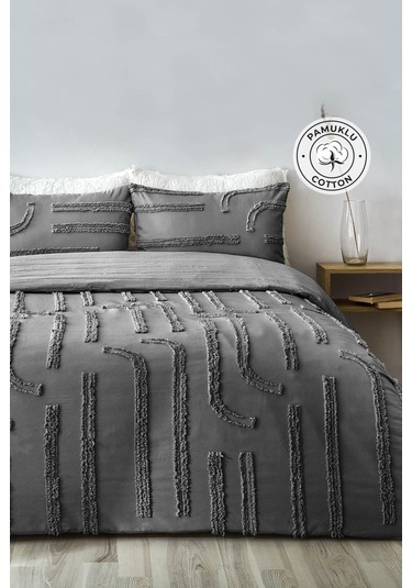 Pamuklu Sasha Kabartmalı Yatak Örtüsü Takımı Günlük Çift Kişilik Boho 3 Parça Elyaf Dolgulu Antrasit