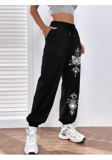 Butterfly Print Elastic Waist 4 Mevsim Eşofman Siyah