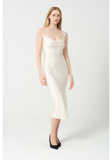 Degaje Döküm Saten Midi Elbise KREm Krem