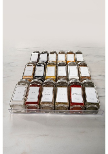 18'li Şeffaf Pleksi Standlı Cam Baharatlık Seti Kapaklı Beyaz Etiketli Baharatlık Takımı Mh02slvr18 Beyaz - Şeffaf