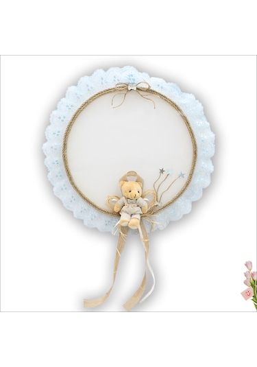 Süslebabypartystore Güpürlü Ve Ayıcıklı 37Cm Kasnak Kapı Süsü - Mavi