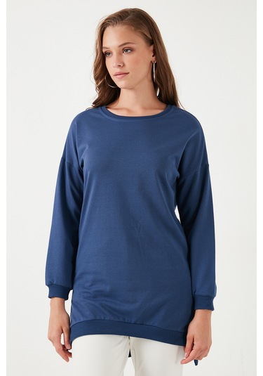 Lela Modest Pamuklu Bisiklet Yaka Oversize Fit Bayan Tunik 5864896 Indigo