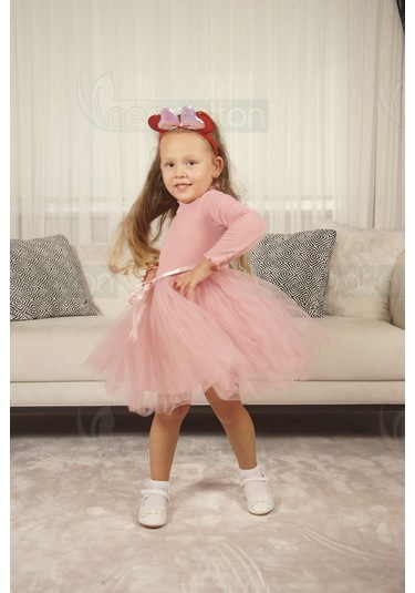 Tüllü Baskısız Düz Üst Kısım Ribana Alt Kısım Astarlı Tütü Etek Kız Çocuk Prenses Uzun Kollu Elbise Uzun-gülkurusu Gülkurusu