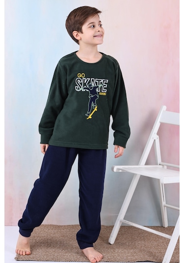 Yeni Sezon Sonbahar/kış Erkek Çocuk Skate Desenli Polar Pijama Takımı 4515 Haki Yeşili