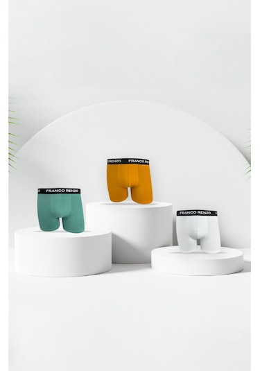 Franco Renzo Erkek 3 Lü Premium Kutu Likralı Boxer Çağla - Hardal - Beyaz Çok Renkli