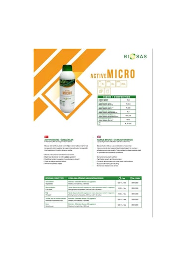 Biosas Active Micro 1 Lt İz Element Katkılı Sıvı Organik Gübre 1 L