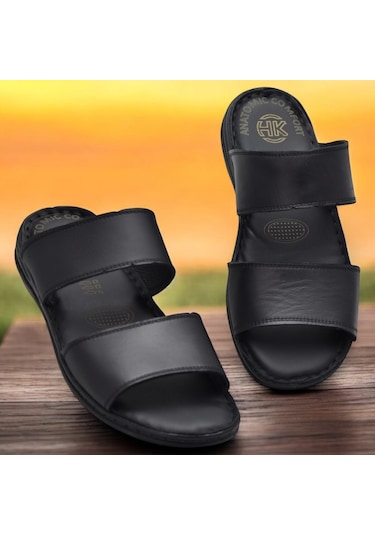 039 Günlük Ortopedik Taban Hakiki Deri Erkek Terlik Puff Yumuşak İç Taban Siyah