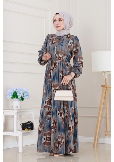 Beli Tünelli Hera Viscon Elbise-mavi-5313 Mavi