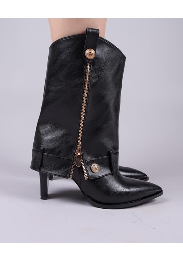 Kindep Fermuar Detaylı Günlük Kısa Topuklu Kadın Çizme Siyah Siyah