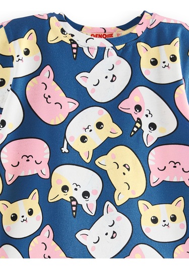 Denokids Sevimli Kediler T-shirt Şort Takım Renkli Çok Renkli