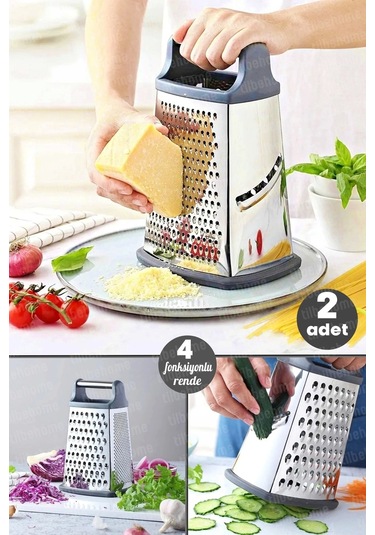 2'li Büyük Boy Çelik Rende Silikon Tabanlı 4 Fonksiyonlu Sarımsak Peynir Sebze Doğrayıcı Rende
