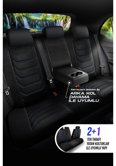Siyah - Mavi Garni Panda Manavgat Serısı Lakos Kumaş Oto Koltuk Kılıfı - Tam Set