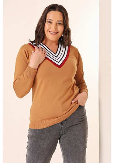 Şeritli V Yaka Büyük Beden Triko Kazak-35336-vizon Vizon