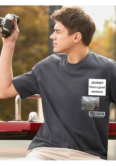 Füme Oversize Journey Baskılı T-shirt - Oversize Baskılı Gri