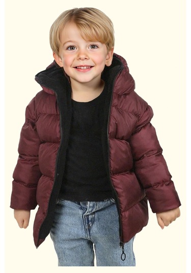 Erkek Çocuk Polarlı Kürklü Kapüşonlu Su Geçirmez Rüzgara Dayanıklı Şişme Kışlık Mont Kaban Bordo