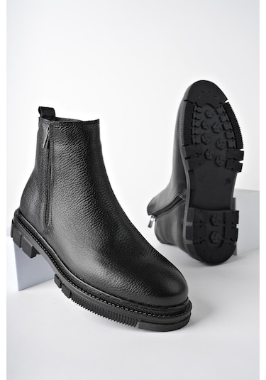 Muggo Chelsea Hakiki Deri Çift Fermuarlı Garantili Erkek Kışlık Bot 001