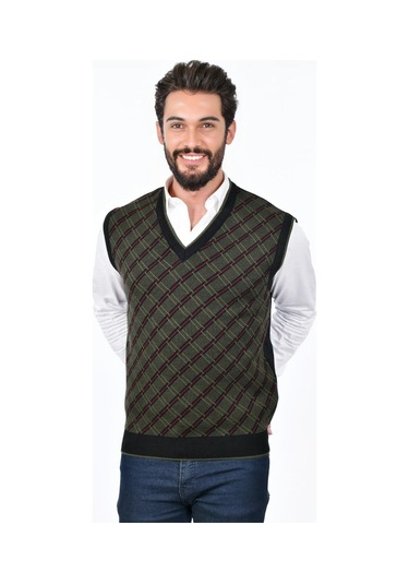 Kamalı Siyah Erkek Çelik Örgü Ekose Desenli Kalın Triko V Yaka Triko Örgü Tüylenmez Süveter Regular Siyah