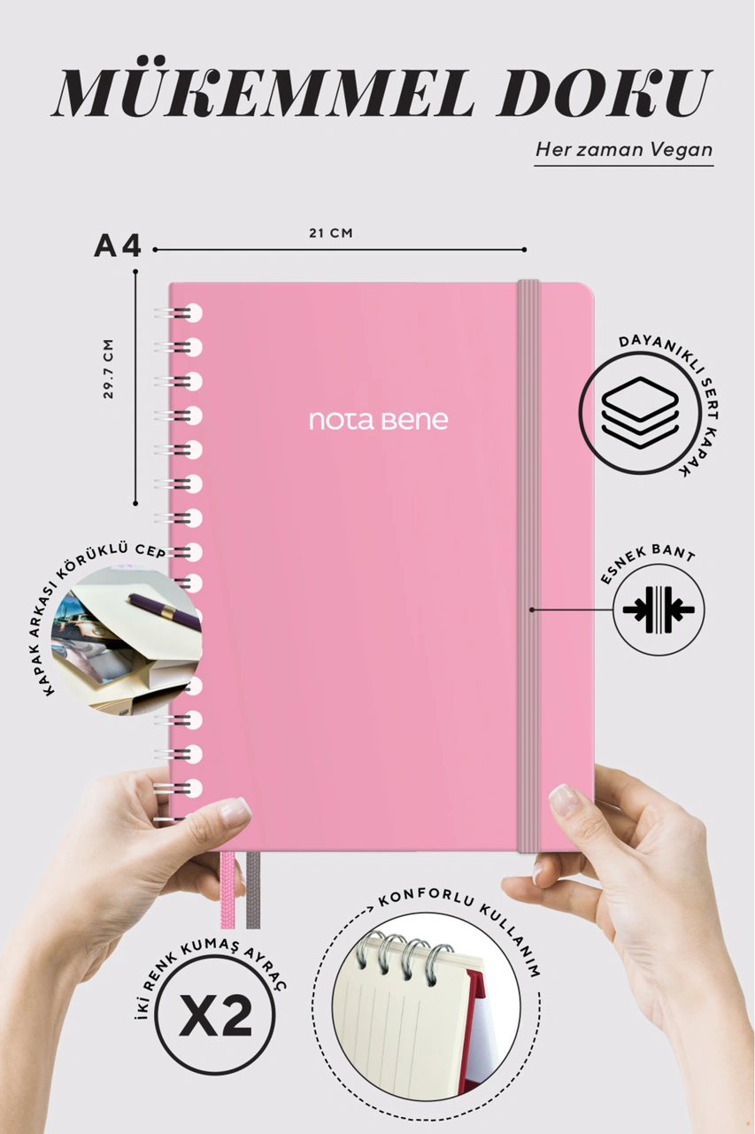 Nota Bene Spiralli Premium Sert Kapak Defter, 21x29,7 Cm, Çizgili Pembe