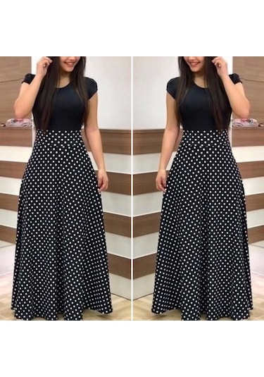 Kadın Kısa Kollu Puan Desen Tam Boy Krep Elbise Siyah
