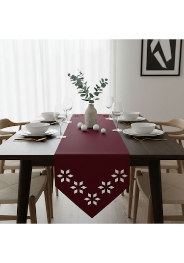 1 Adet Deri Runner-40x140 Cm-çiçek Desenli Runner Bordo