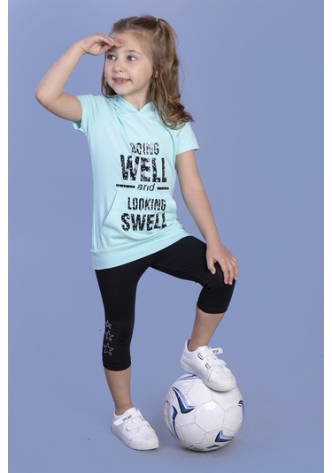 Toontoy Kız Çocuk Parlak Baskılı Kapüşonlu Kaprili Takım Açık Mint Yeşili