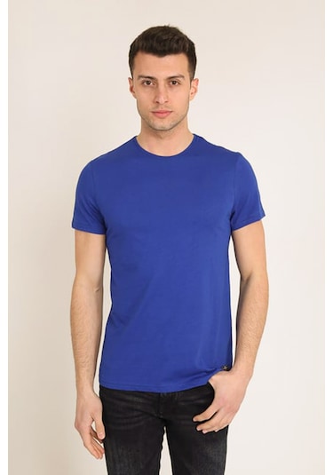 Erkek Mavi Slim Fit Bisiklet Yaka Basic T-shirt Mavi
