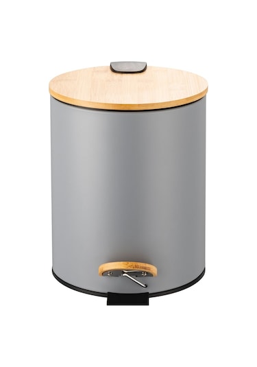 Bambu Kapaklı Pedallı Metal Çöp Kovası - 5 Lt. - Gri Gri