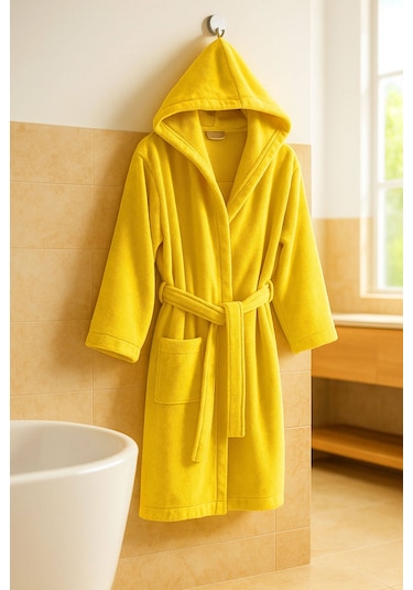 Genç Kız / Erkek Çocuk Kapşonlu Garson Boy Kadife Bornoz %100 Pamuklu Sarı