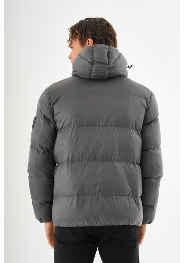 Erkek Kapüşonlu Fermuarlı Cepli Kışlık Şişme Kısa Mont Antrasit