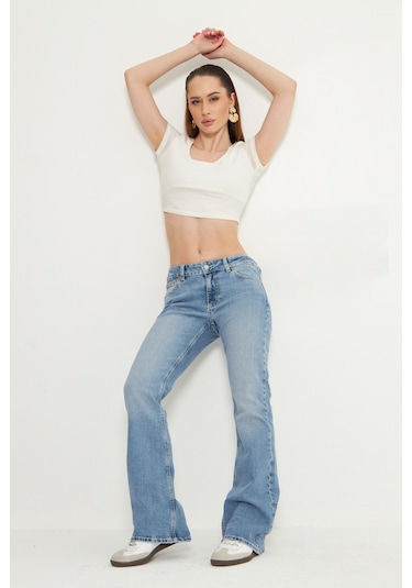 Kutaf Mavi Düşük Bel Jeans Mavi